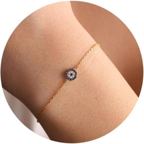 14K Gold Evil Eye BraceleT Pearl Bracelet Sparkl Bracelet Twisted Bead Bracelet - Picture 1 of 9